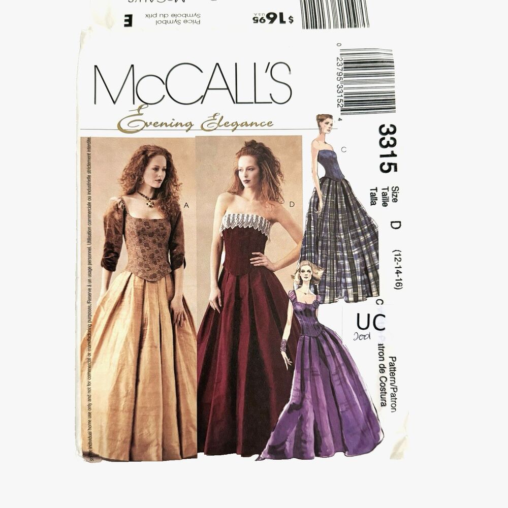 Y2K McCalls 3315 Sewing Pattern Formal Dresses 2pc Corset Back Bustier Sz 12-16